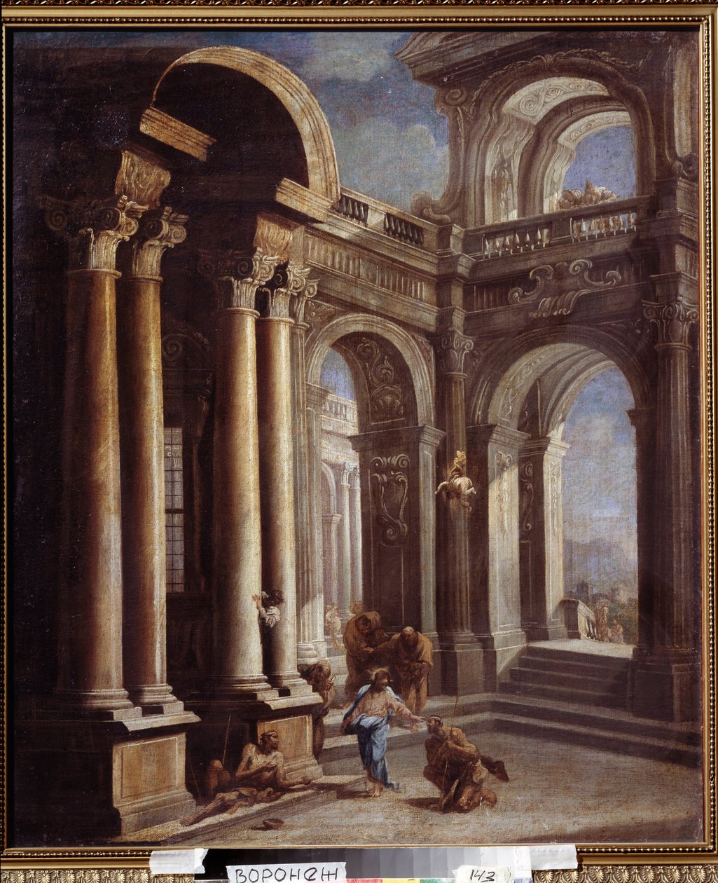 Helandet av den blinde Bartimeus från Jeriko. Helande av blind man från Jeriko. Målning av Sebastiano Ricci (1659-1734). Olja på duk. Barock italiensk konst. Ivan Kramskoy (eller Kramskoi) konstmuseum i Voronezh (Voronezh), Ryssland. av Sebastiano Ricci