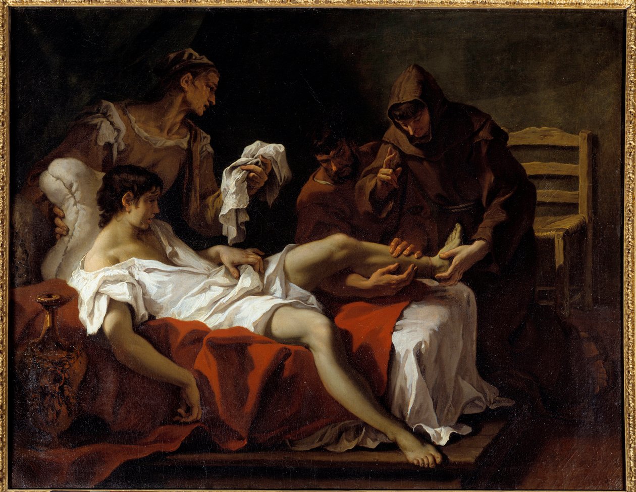 Sankt Antonius av Padua (san antonio di padova) kämpar mot en ung man som hade slagit sin fot för att straffa sig själv för att ha slagit sin mor Målning av Sebastiano Ricci (1659-1734) av Sebastiano Ricci