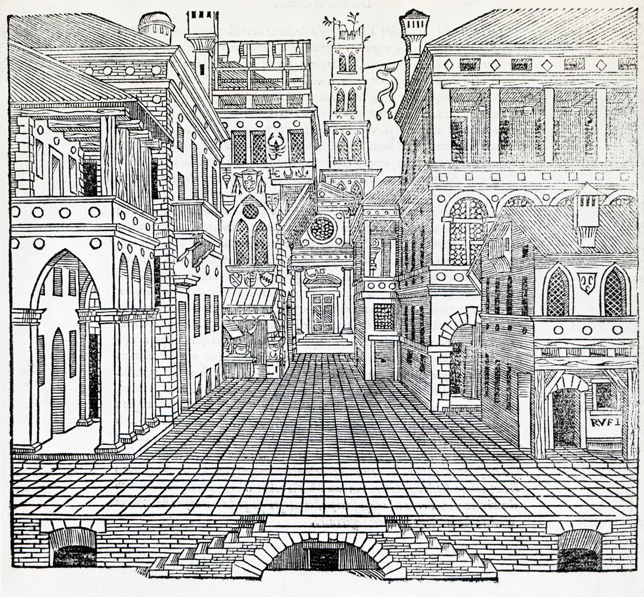 Magisk scen, scendesign av Sebastiano Serlio (1475-1554), illustration från Treatise on Architecture, Bok II av Sebastiano Serlio