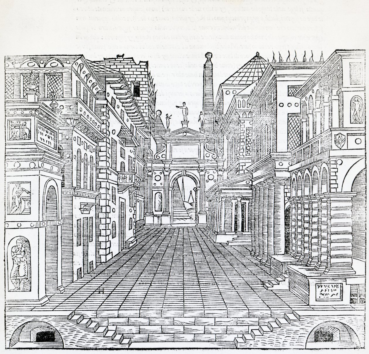 Magisk scen, scendesign av Sebastiano Serlio (1475-1554), illustration från Treatise on Architecture, Bok II av Sebastiano Serlio