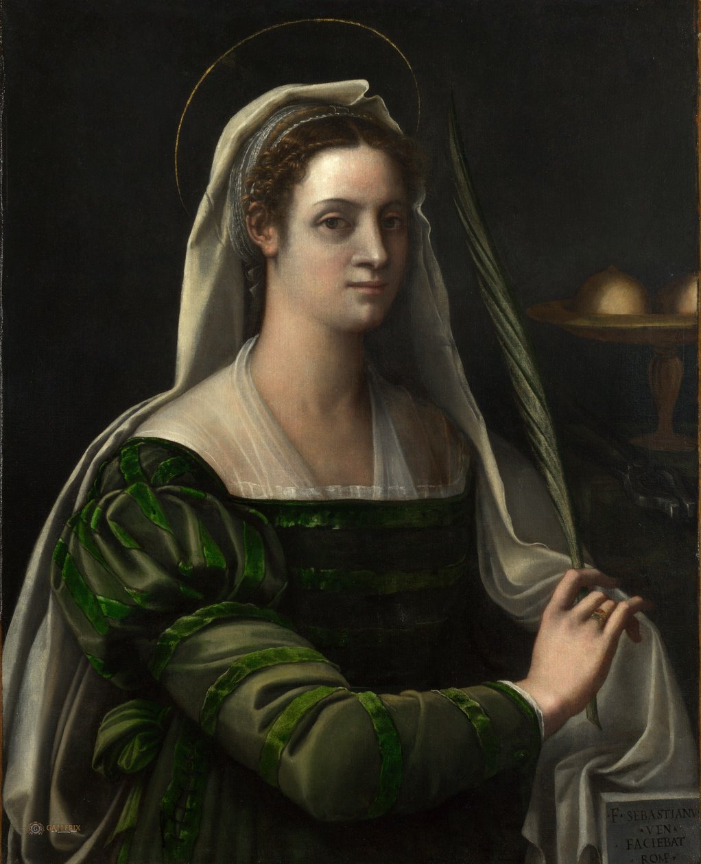 Porträtt av en kvinna med den heliga Agathas attribut, tidigt 1530-tal (olja på duk) av Sebastiano del (c.1485 1547) Piombo