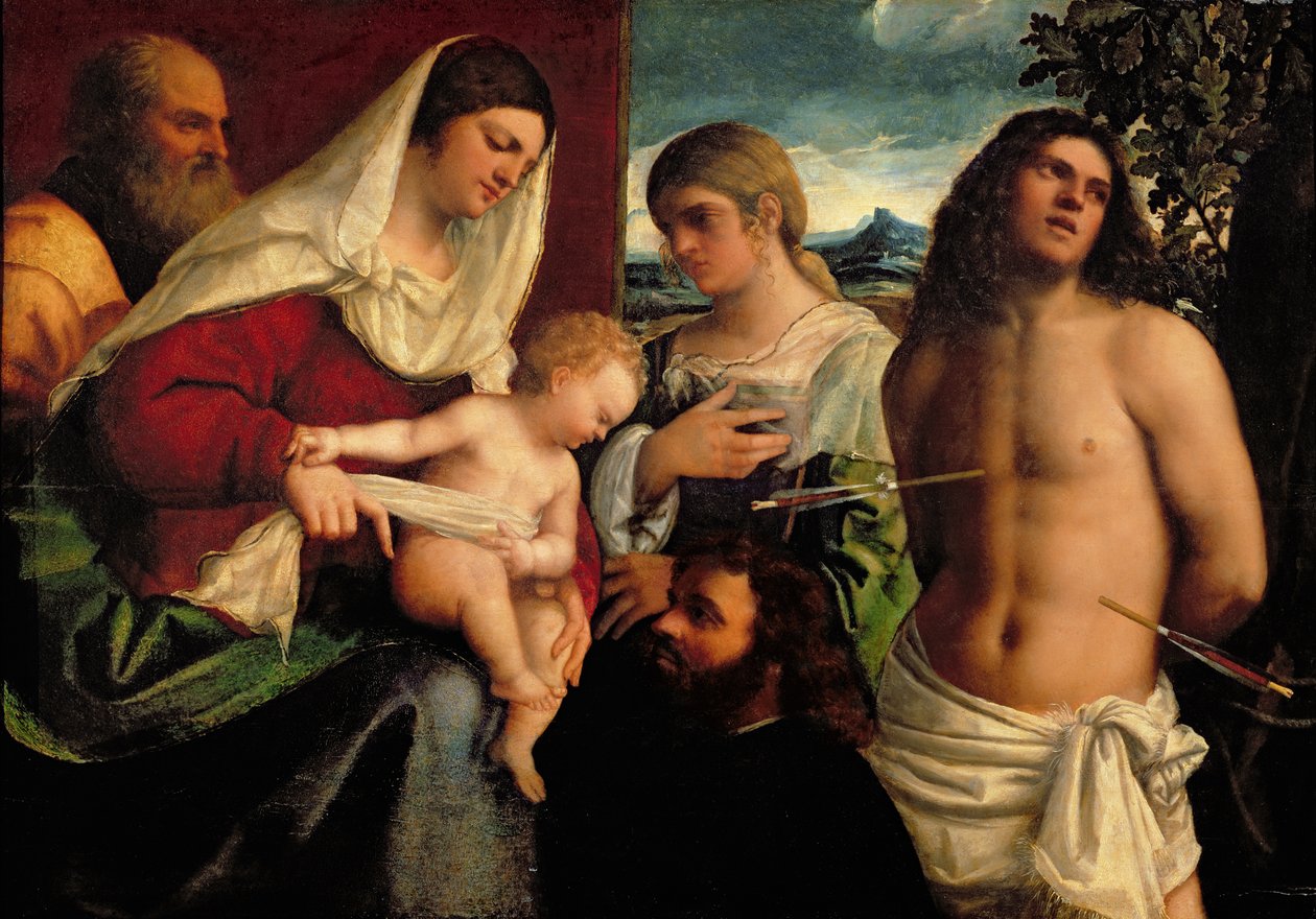 Sacra Conversazione med SS. Catherine, Sebastian och den heliga familjen av Sebastiano del Piombo