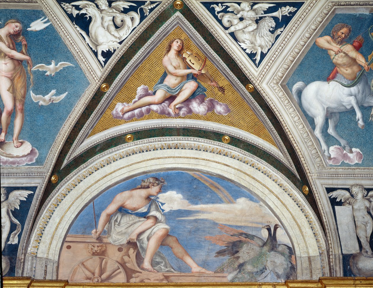Loggia della Galatea Loggia of the Galatea detalj av valvdekoration föreställande Juno på sin vagn och en violinist, fresk från 1506 av Sebastiano del Piombo