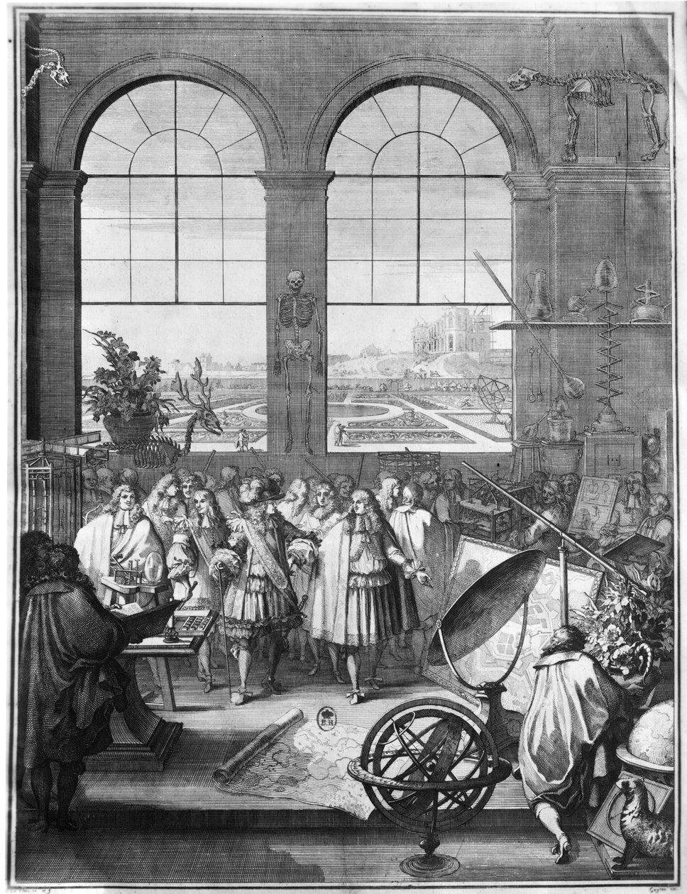 Ludvig XIV (1638-1715) och hans följe på besök vid Royal Academy of Sciences, efter 1665 av Sebastien I Le Clerc