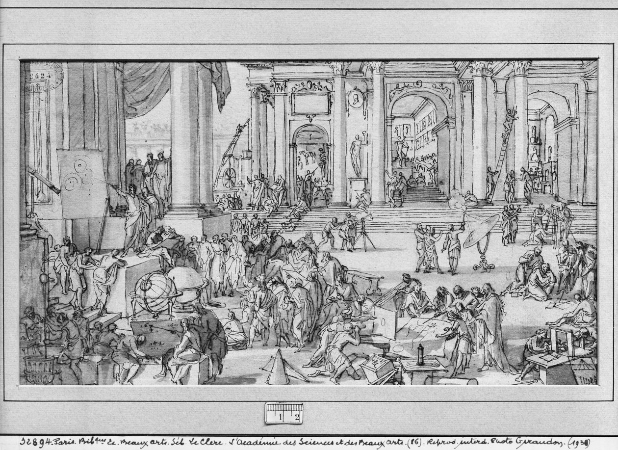 Vetenskaps- och konstakademin (penna och bläck och tvätta på papper) av Sebastien I Le Clerc