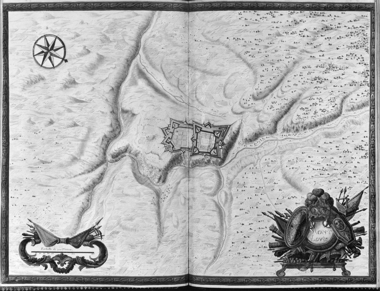 Ms. 986 Atlas 1081 Plan och karta över staden, citadellet och omgivningarna i Mont-Louis, 1665 av Sebastien Le Prestre de Vauban