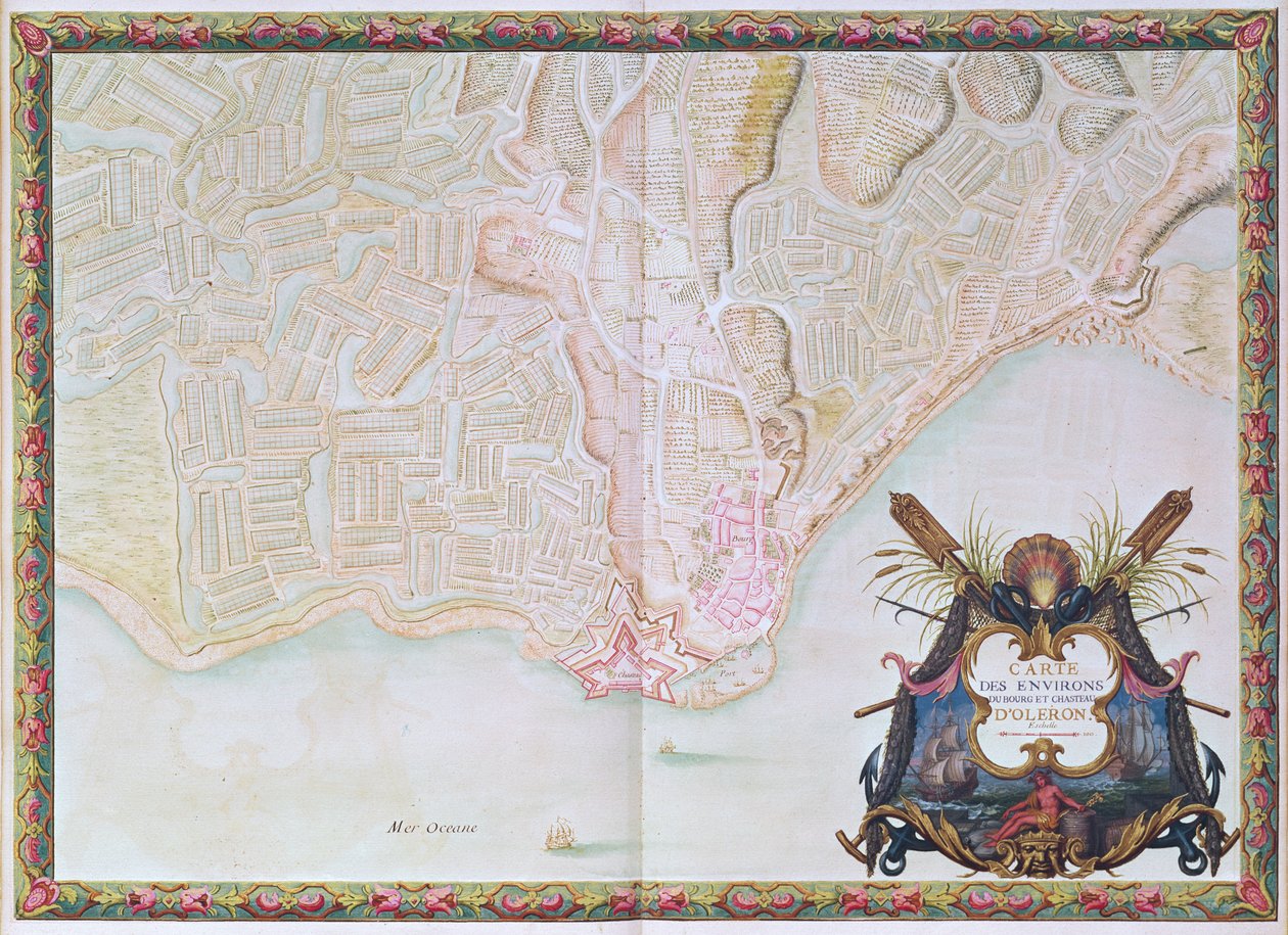 Ms. 988 T. III fol. 42 Karta över omgivningarna kring staden och slottet Oléron, från Ludvig XIV:s Atlas (penna, bläck och gouache på papper) av Sebastien Le Prestre de Vauban