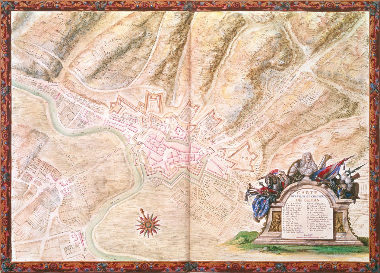 Ms. 988, Vol.3 fol.16 Plan och karta över staden och slottet i Sedan, från Atlas Louis XIV, 1683-88 av Sebastien Le Prestre de Vauban