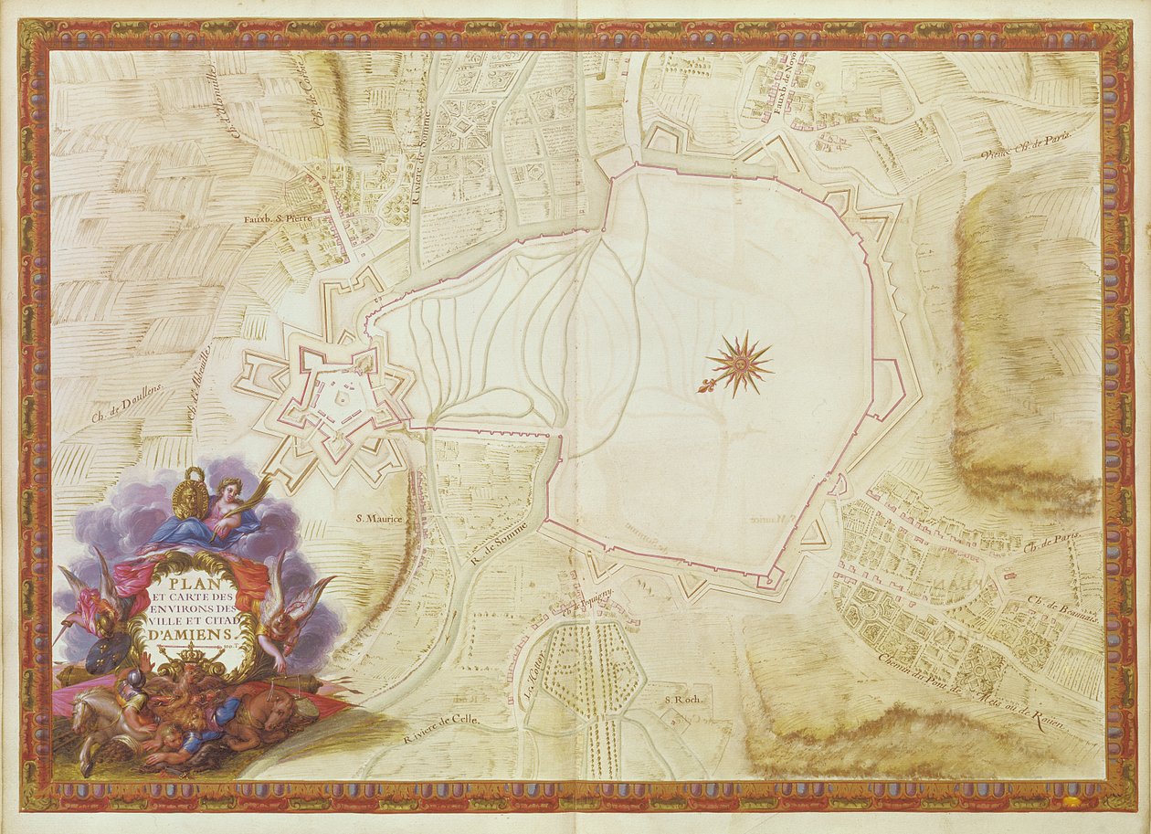 Ms. 988, Vol.3 fol.7 Plan och karta över staden, citadellet och omgivningarna i Amiens, från 
