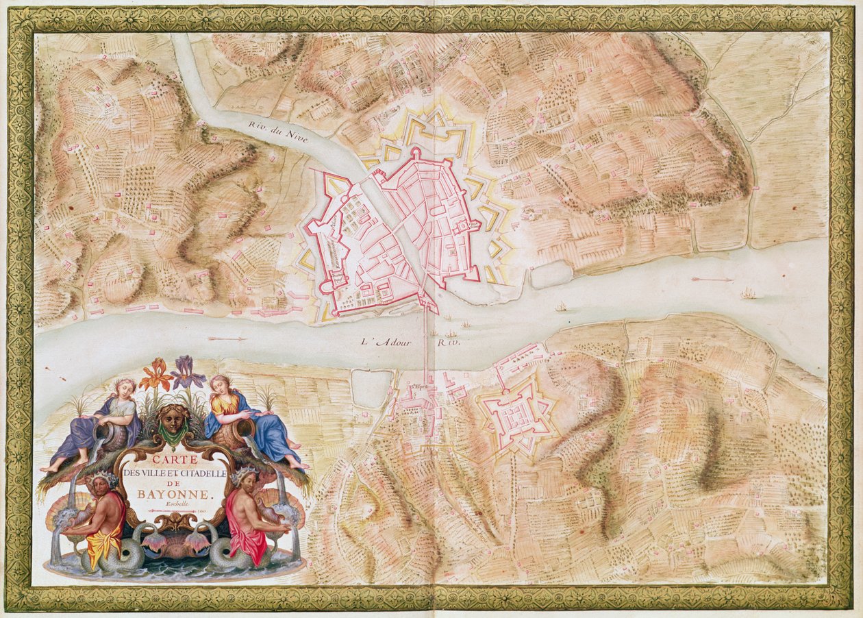 Ms 988 tome 3 fol.45 Plan och karta över staden och citadellet i Bayonne, från 