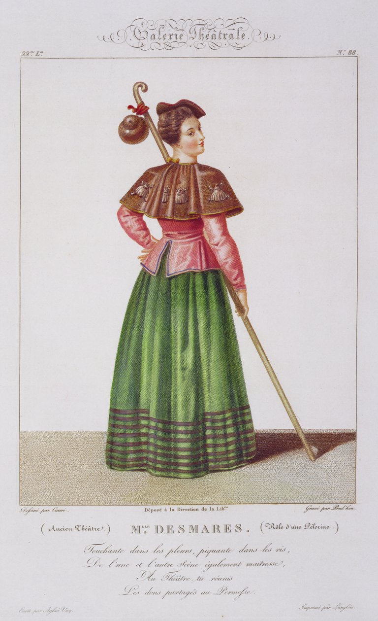 Mademoiselle Desmares i rollen som en pilgrim, skylt 88 från Theatrical Gallery, graverad av Jean Prudhon (f.1778) pub. 1812-34 av Sebastien after Coeure