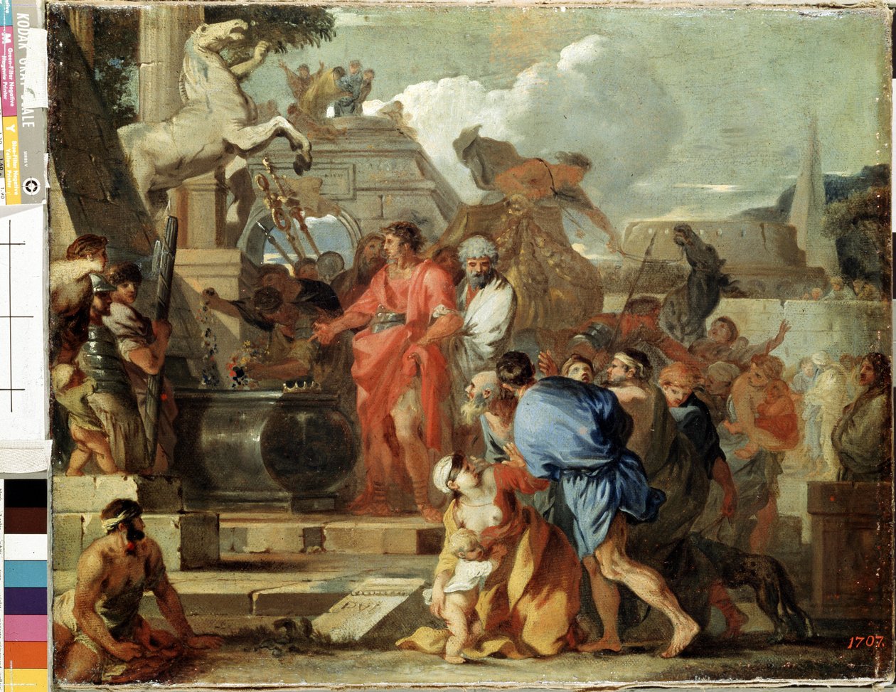 ""Kejsar Augustus besöker Alexander den Stores grav under hans egyptiska fälttåg"" (Augustus före Alexander den Stores grav) Målning av Sebastien Bourdon (1616-1671) 1650-1660 Sön. 45,5 x 56,5 cm Eremitagemuseet, Sankt Petersburg av Sébastien Bourdon