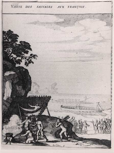 Vildar som besöker fransmännen, från "Histoire des Antilles habitees par les Francais" av pastor du Tertre av Sebastien I Le Clerc