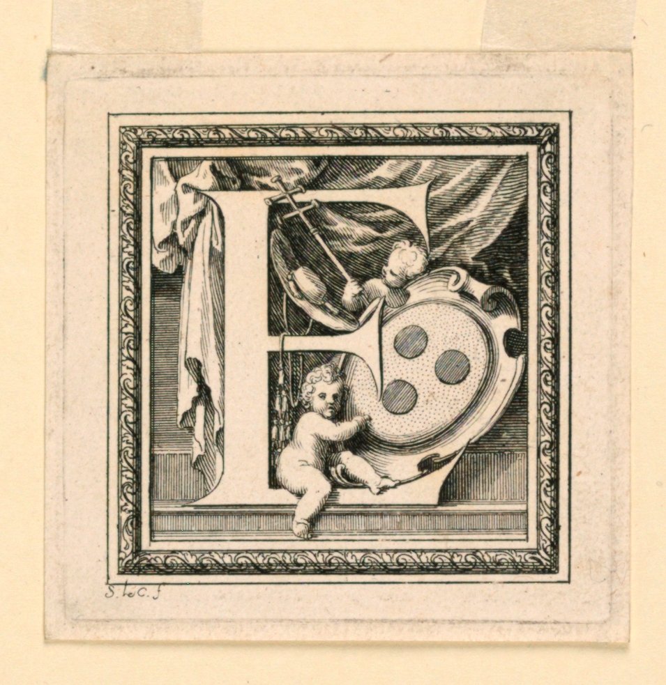 Bokstaven E, för Baluzes "General History of the House of Auvergne" av Sebastien Leclerc