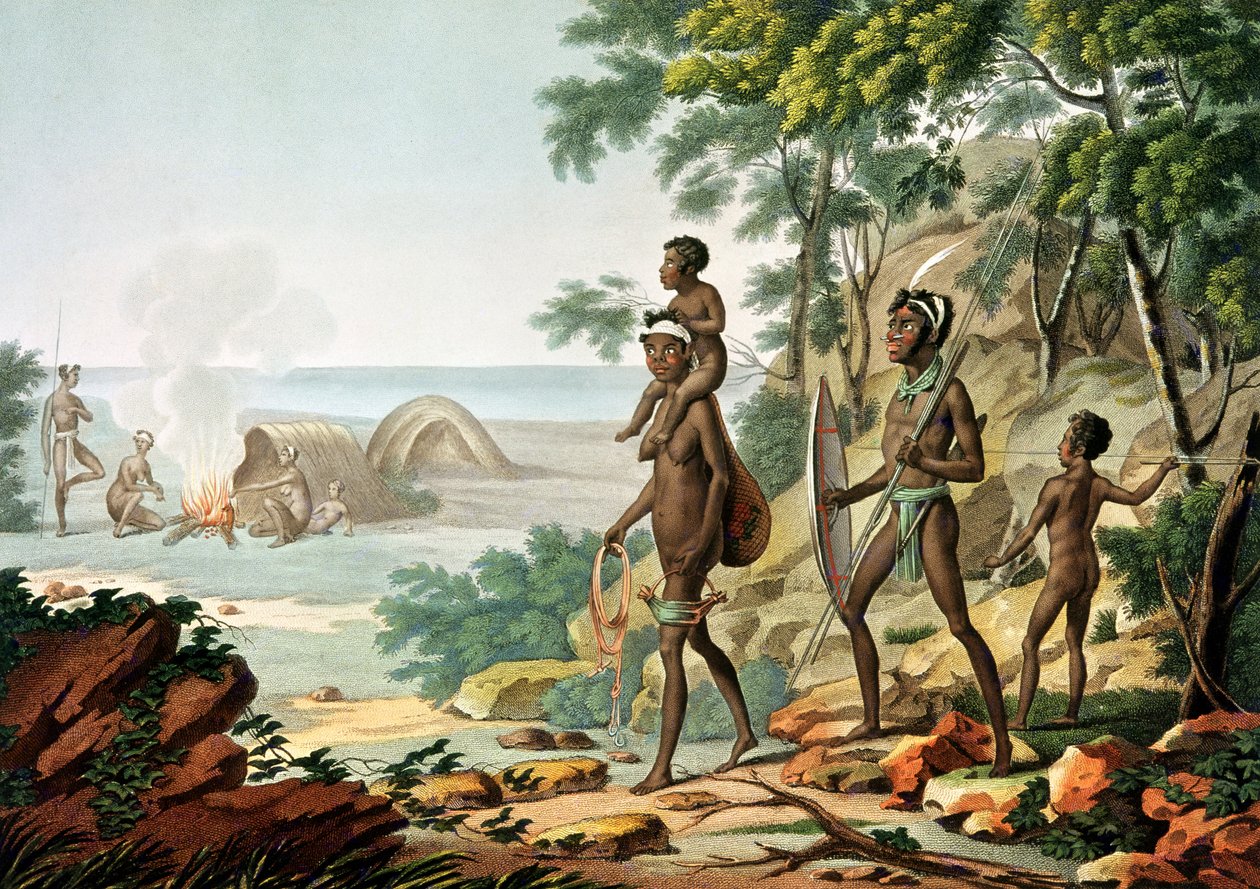 Port Jackson, New Holland: Aboriginal Family, från "Voyage Autour du Monde sur les Corvettes de L