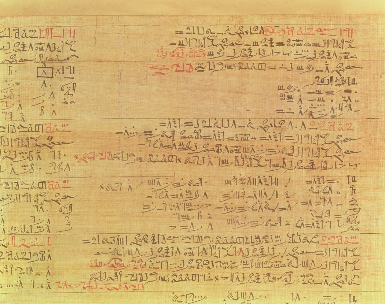 Detalj av Rhindens matematiska papyrus, Hyksos-perioden, 15:e dynastin, c.1550 f.Kr. papyrus se även 9712 av Second Intermediate Period Egyptian