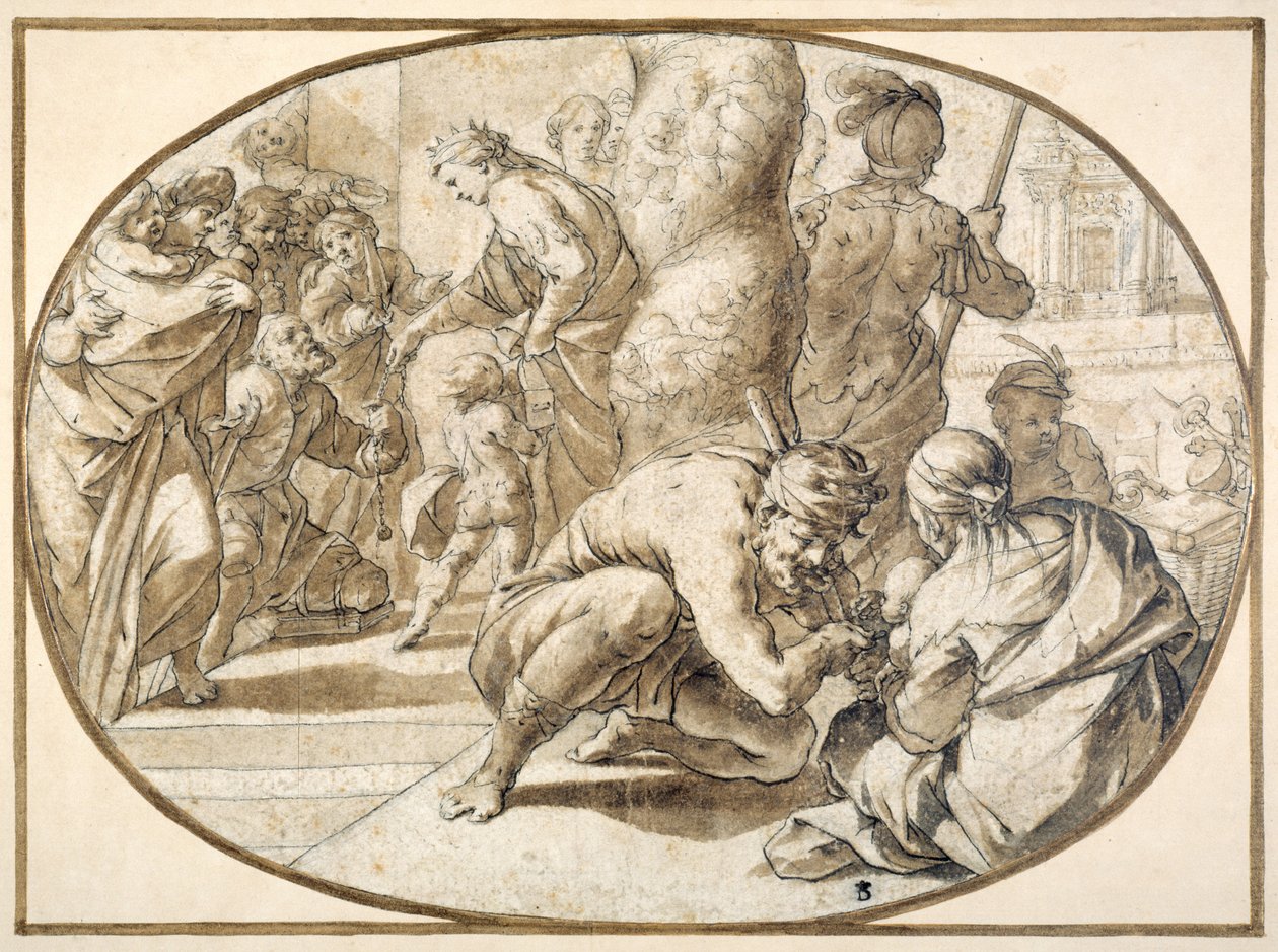 En drottning som delar ut allmosor till en lam tiggare i templet i Jerusalem, tidigt 1600-tal (penna och brunt bläck med brun tvätt) av Second School of Fontainebleau