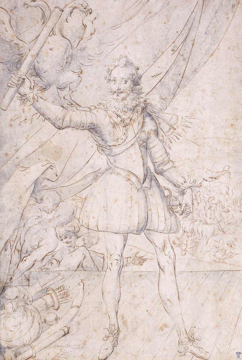 Kung Henrik IV, fullängd, en trofé av de osmanska armarna vid hans fötter, höjer en rulla framför en örn (svart krita, penna och brunt bläck med blått tvätt) av Second School of Fountainebleau
