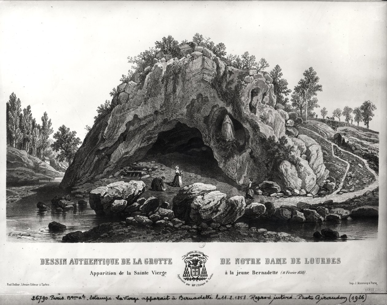 Jungfru Marias uppenbarelse för Bernadette Soubirous (1844-79) 11 februari 1858, ca 1858 av Seguin T. de