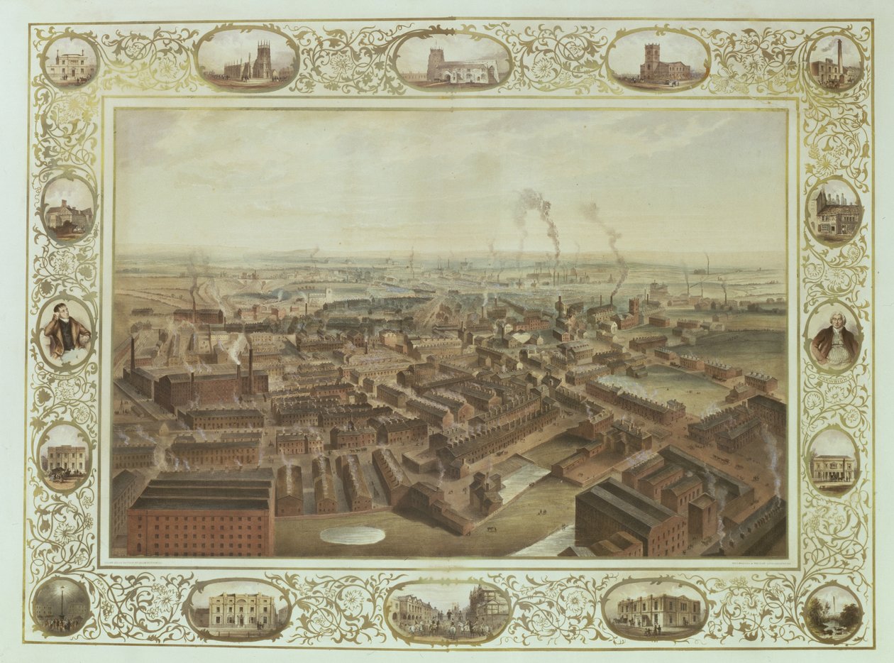Bolton från Blinkhorns skorsten med vinjetter av lokala byggnader, 1848 av Selim Rothwell