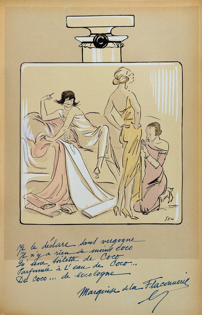 Karikatyr av Coco Chanel (1883-1971) i en flaska Chanel nr 5, från 