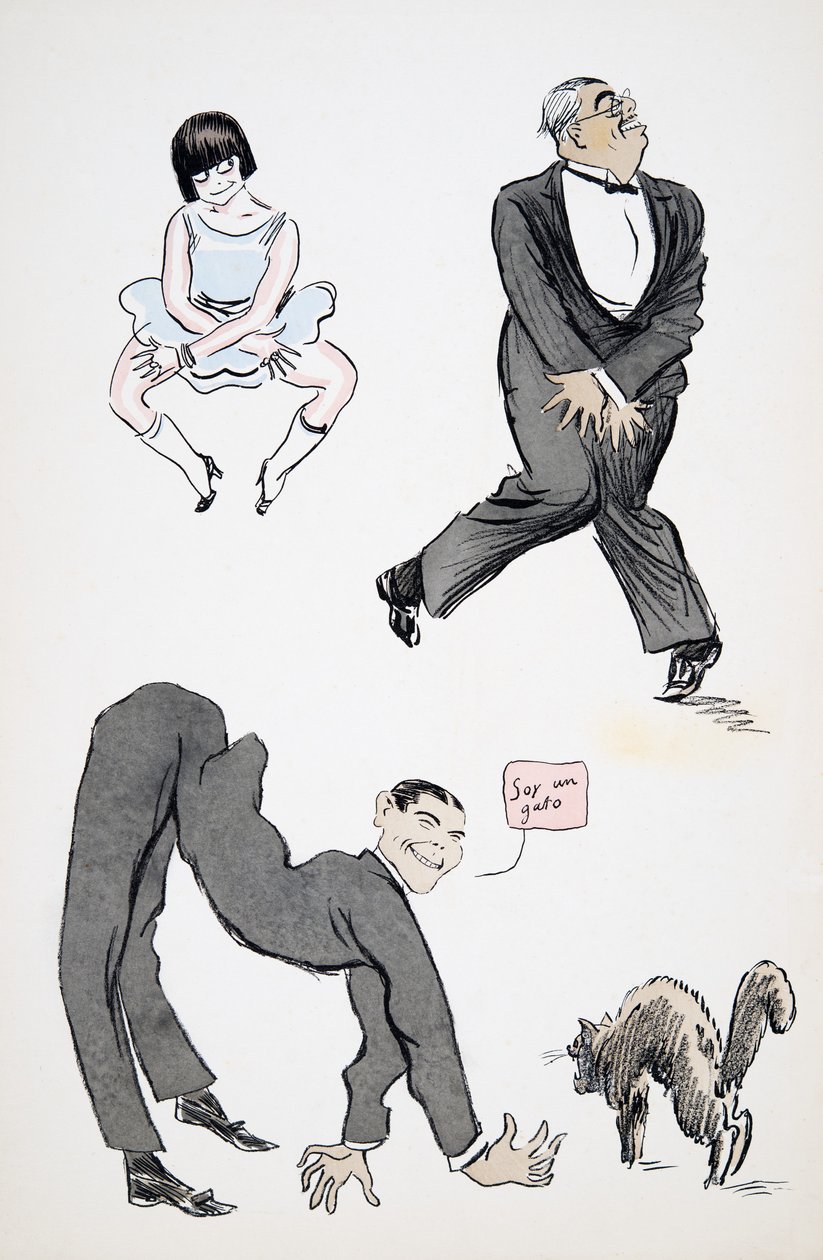 Demonstration av olika moderna benrörelser till musiken, från White Bottoms, pub. 1927 (färgblocktryck) av Sem