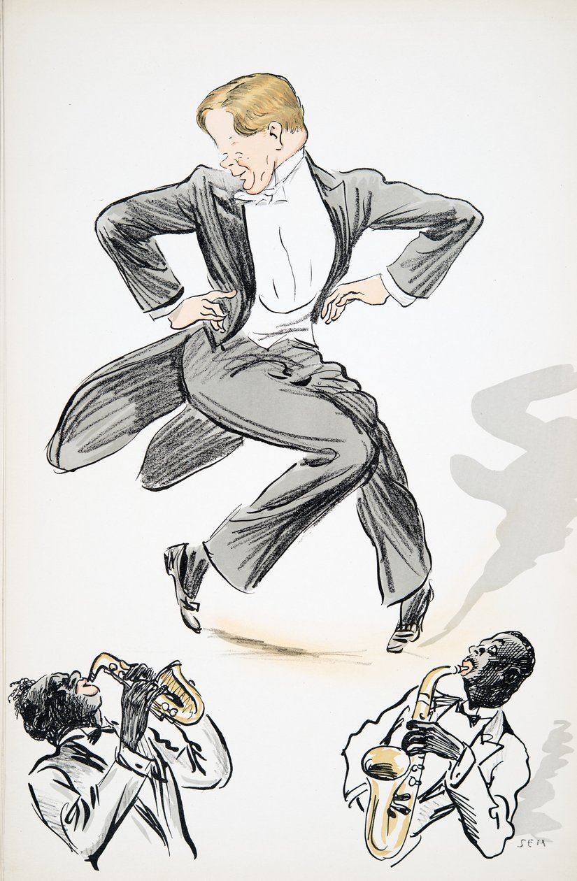 Gentleman i svansar och vit slips dansar till två musiker som spelar saxofon, från White Bottoms, pub. 1927 (färgblocktryck) av Sem