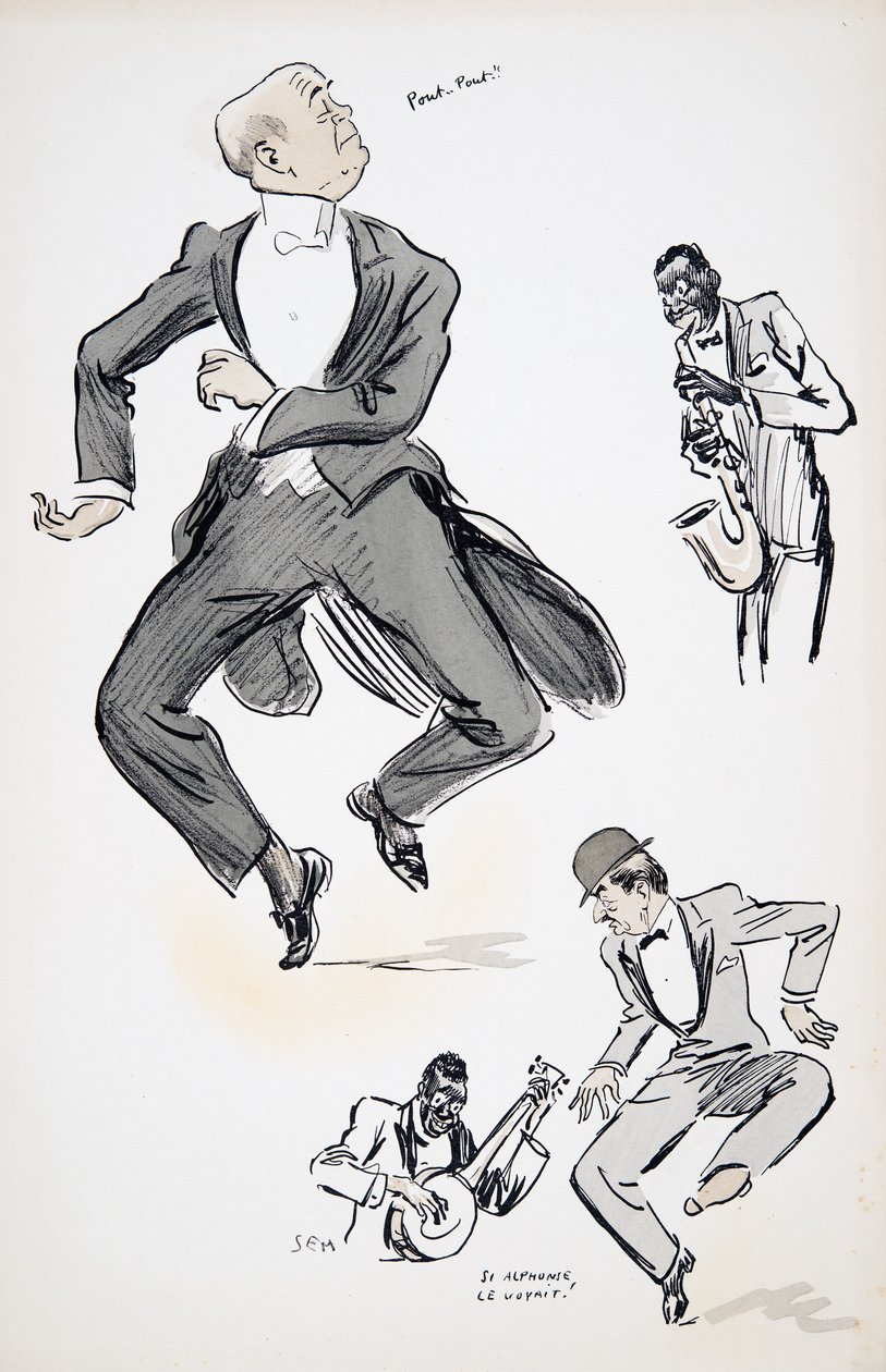 Gentleman i vit slips och gentleman i bowlerhatt provar på att dansa till jazz, framförd av två musiker som spelar saxofon och banjo, från White Bottoms, pub. 1927 (färgblocktryck) av Sem