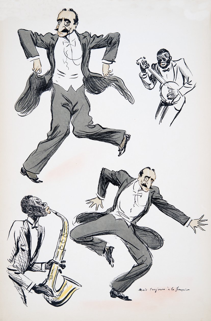 Gentleman i vit slips och svansar dansar medan två musiker spelar saxofon och banjo, från White Bottoms, pub. 1927 (färgblocktryck) av Sem