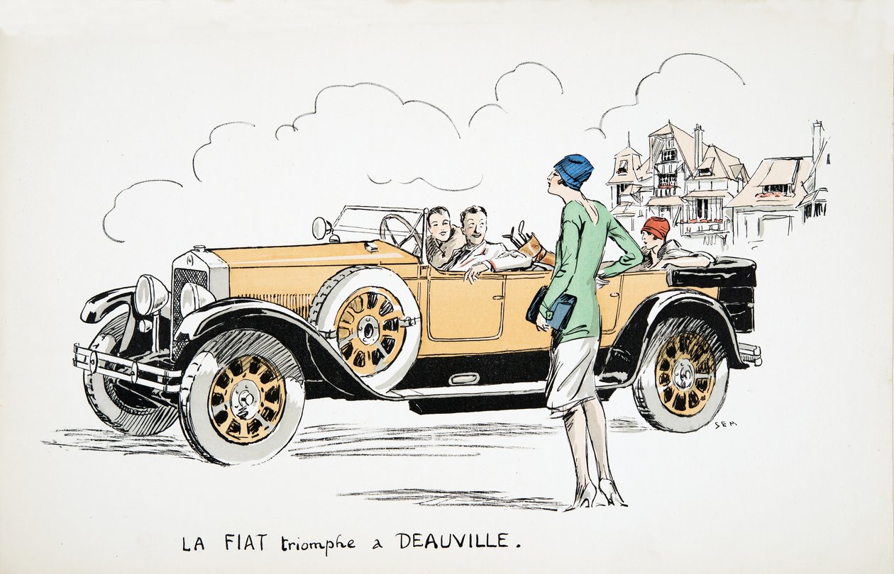 La Fiat triomphe a Deauville, från White Bottoms, pub. 1927 (färgblocktryck) av Sem