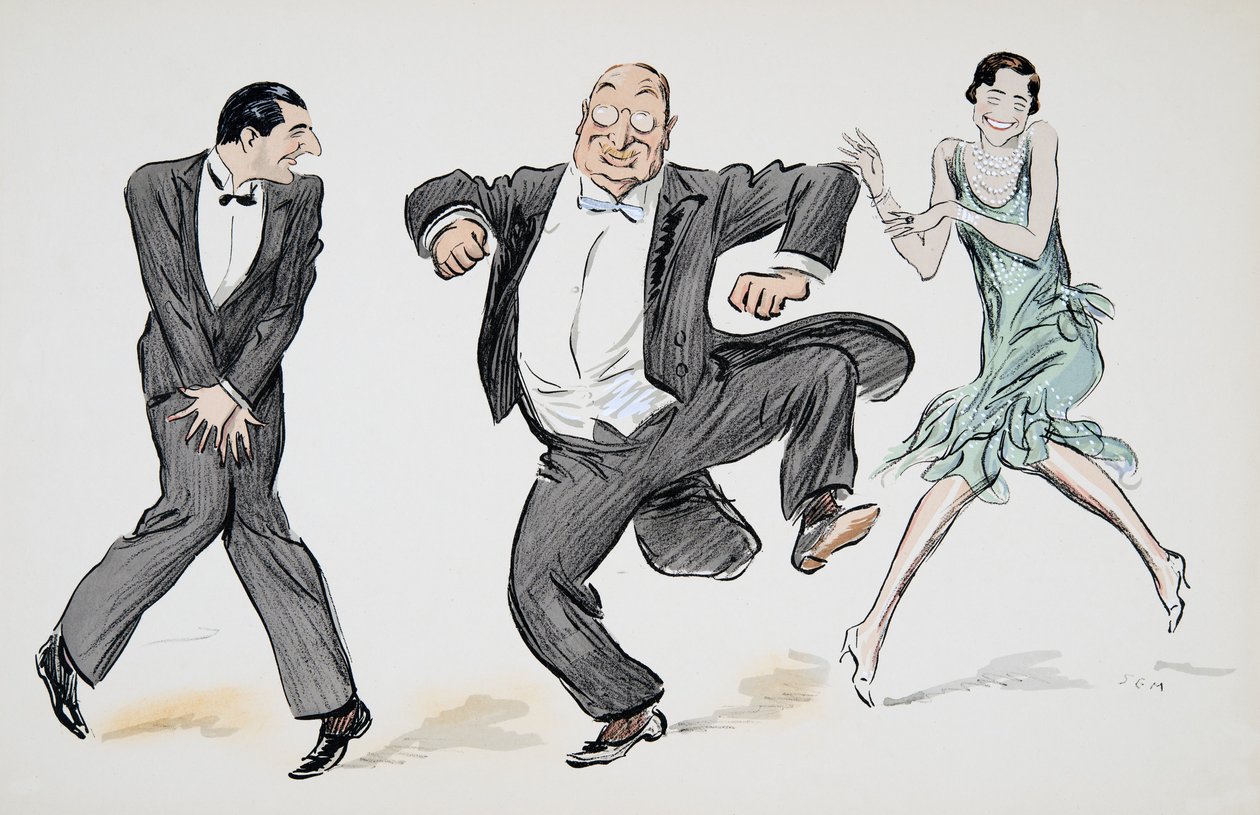 En herre i svart slips, ytterligare en herre i vit slips och svansar, och en kvinna i en ljusgrön klänning och pärlor dansar Charleston, från White Bottoms, pub. 1927 (färgblocktryck) av Sem
