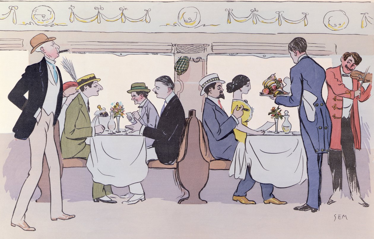 Restaurangvagn på tåget från Paris till Nice, 1913 av Sem