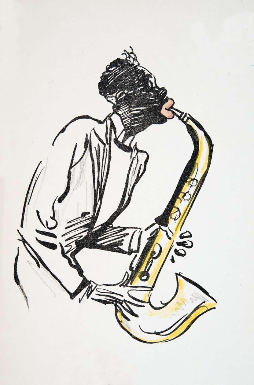 Saxofonspelare, från White Bottoms, pub. 1927 (färgblocktryck) av Sem