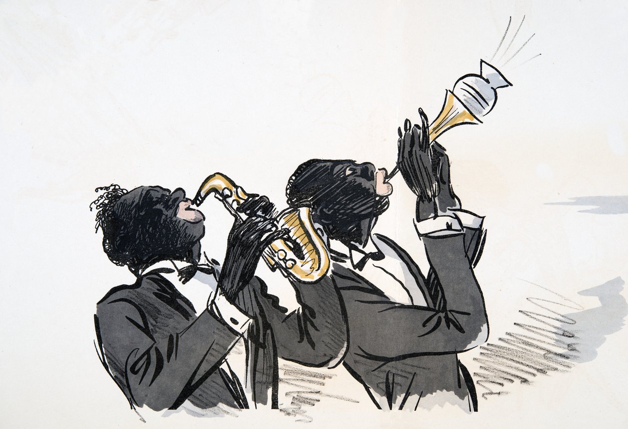 Saxofon och trumpetspelare, från White Bottoms, pub. 1927 (färgblocktryck) av Sem