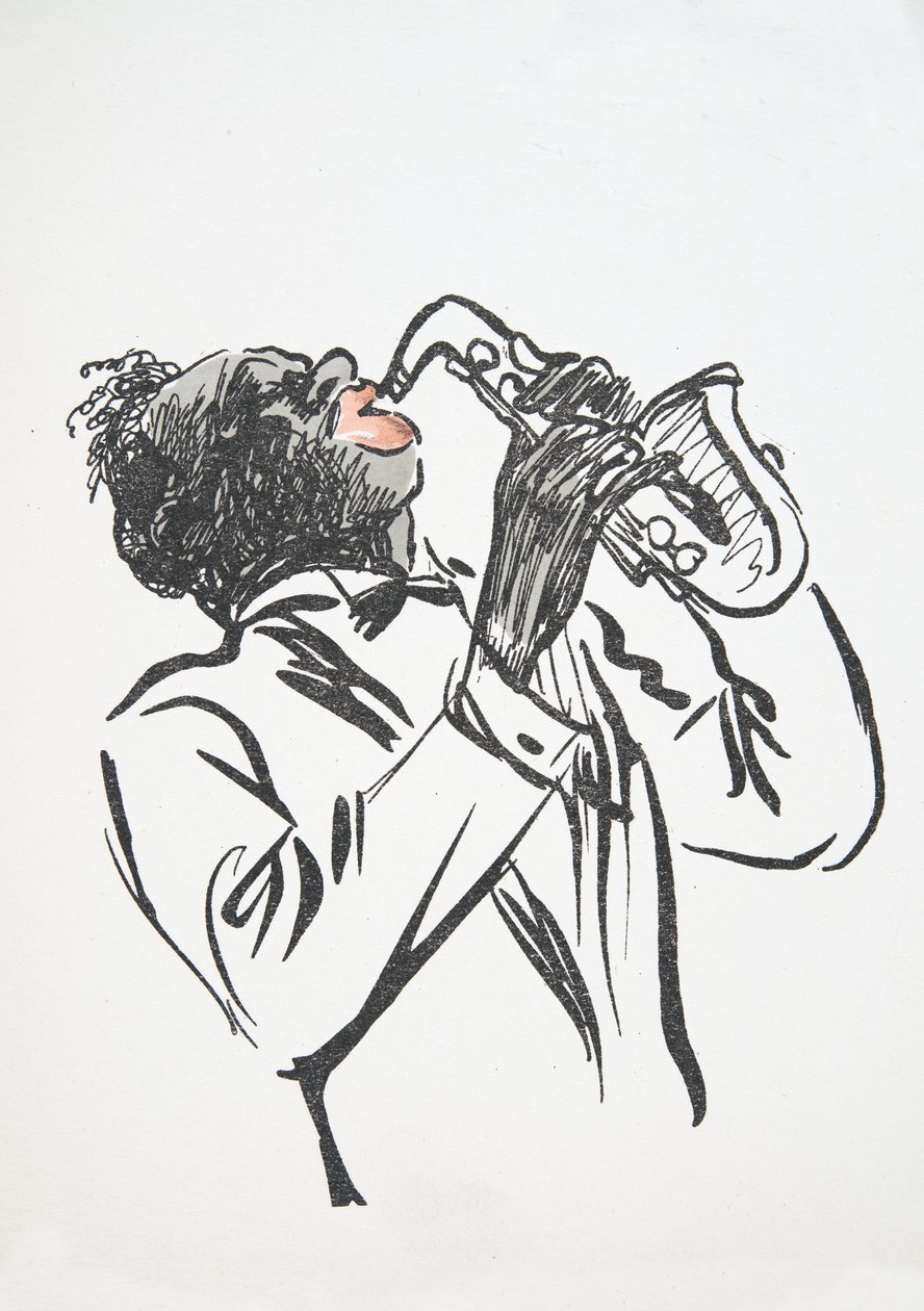 Saxofonist, från White Bottoms, pub. 1927 (färgblocktryck) av Sem