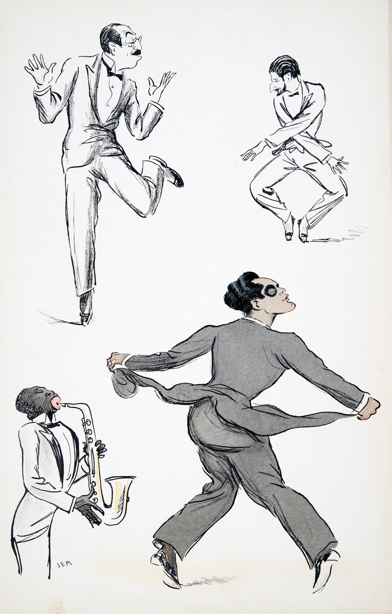 Tre herrar i Black Tie utför drag från Charleston till en saxofon, från White Bottoms, pub. 1927 (färgblocktryck), från White Bottoms, pub. 1927 (färgblocktryck) av Sem