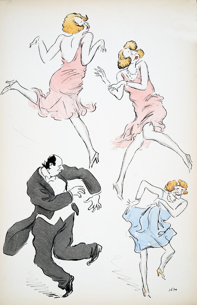 Tre illustrationer av transvestiter i blå och rosa klänningar som dansar med en större herre i vit slips och svans, från White Bottoms, pub. 1927 (färgblocktryck) av Sem