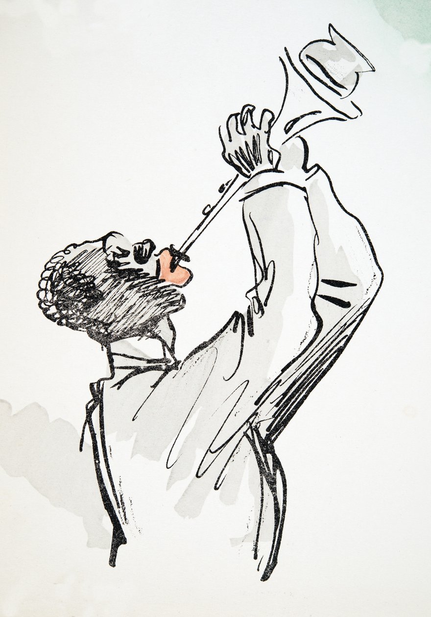Trumpet Player, från White Bottoms, pub. 1927 (färgblocktryck) av Sem