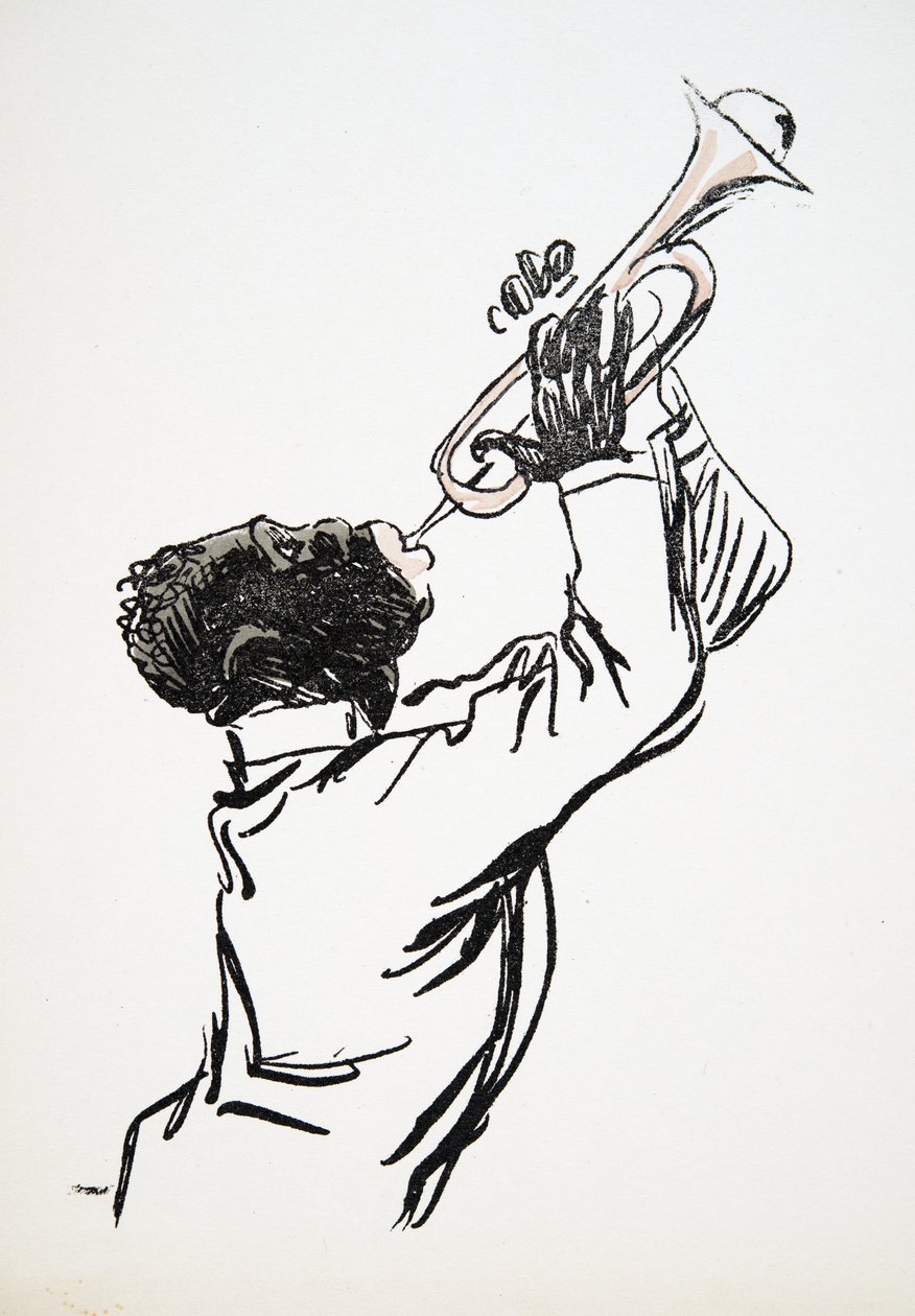 Trumpetspelare, från White Bottoms, pub. 1927 (färgblocktryck) av Sem