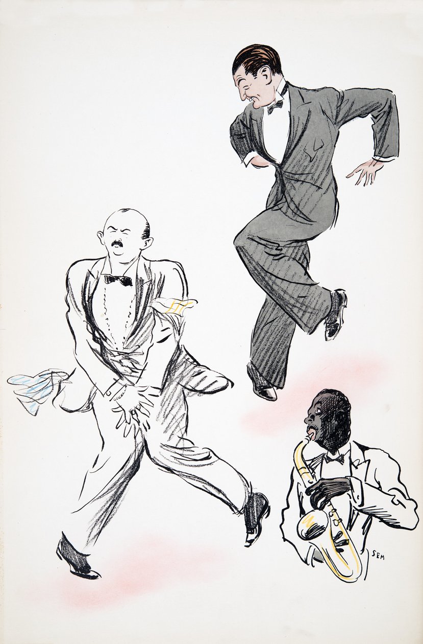 Två herrar i svart slips som dansar till jazz, spelade av en musiker på saxofon, från White Bottoms, pub. 1927 (färgblocktryck) av Sem