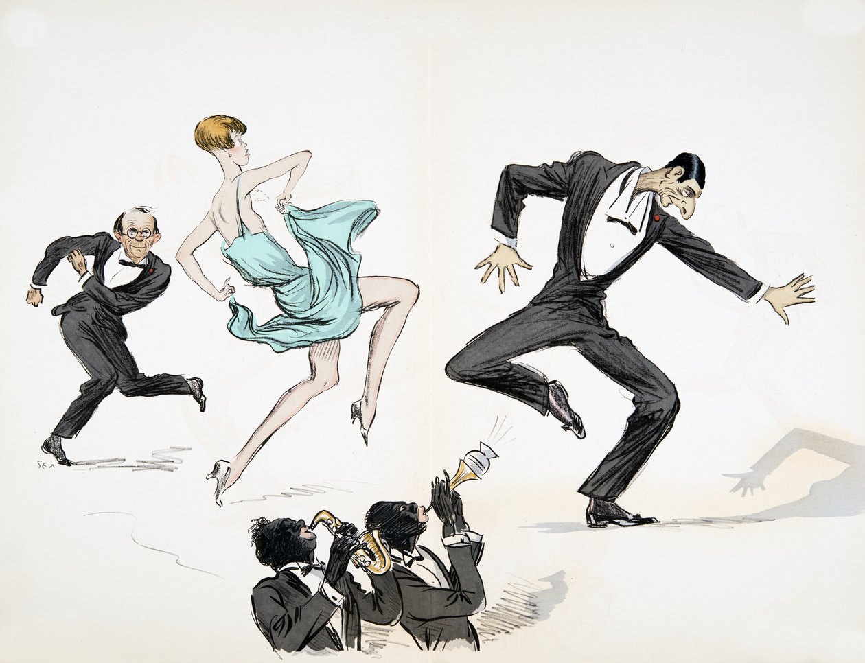 Två män i svart slips och kvinna i klarblå klänning dansar till två musiker som spelar jazz på blåsinstrument, från White Bottoms, pub. 1927 (färgblocktryck) av Sem