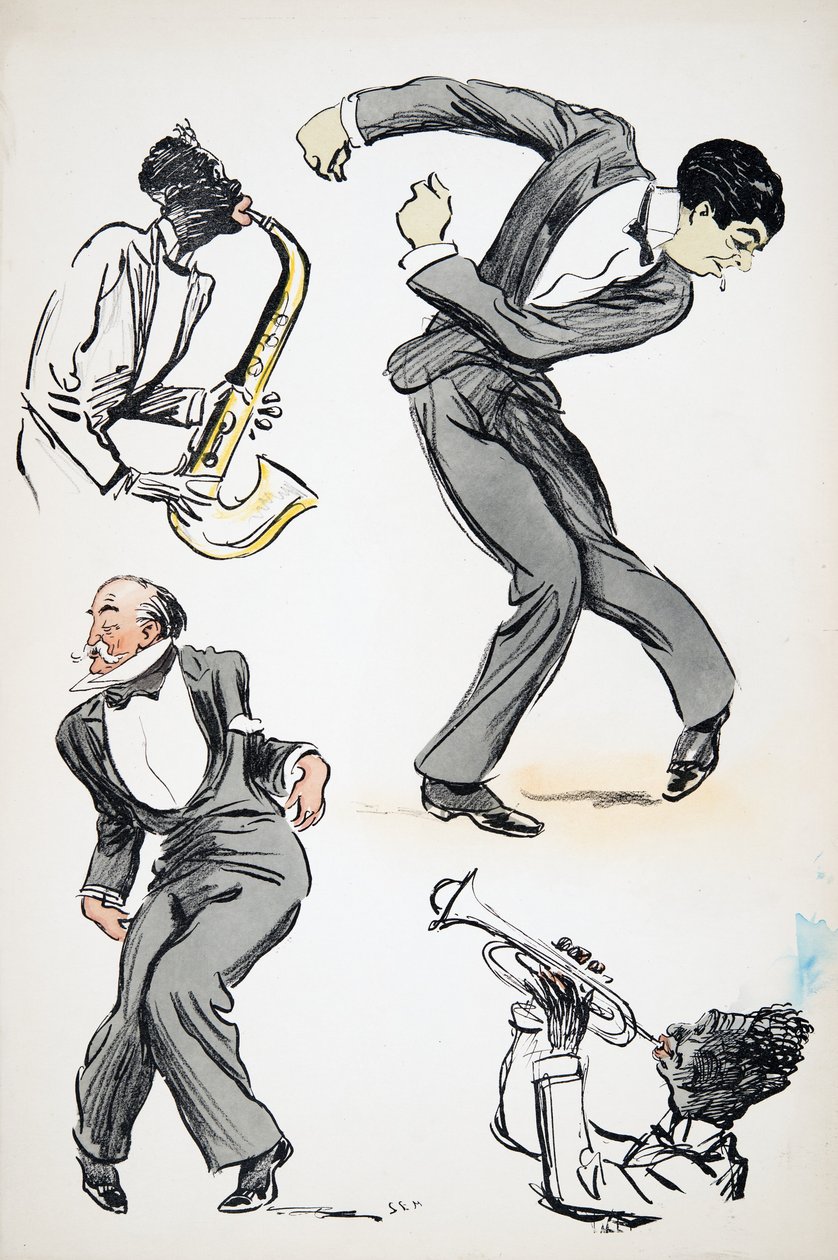 Två män i kostym dansar medan två musiker spelar saxofon och trumpet, från White Bottoms, pub. 1927 (färgblocktryck) av Sem