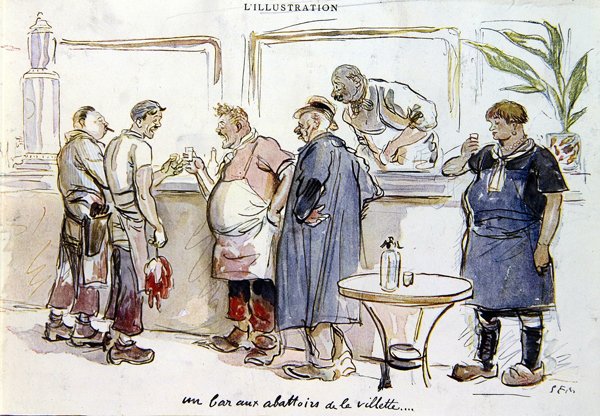 En bar på Abattoirs de la Villette, ca 1925-30 (färg litho) av Sem