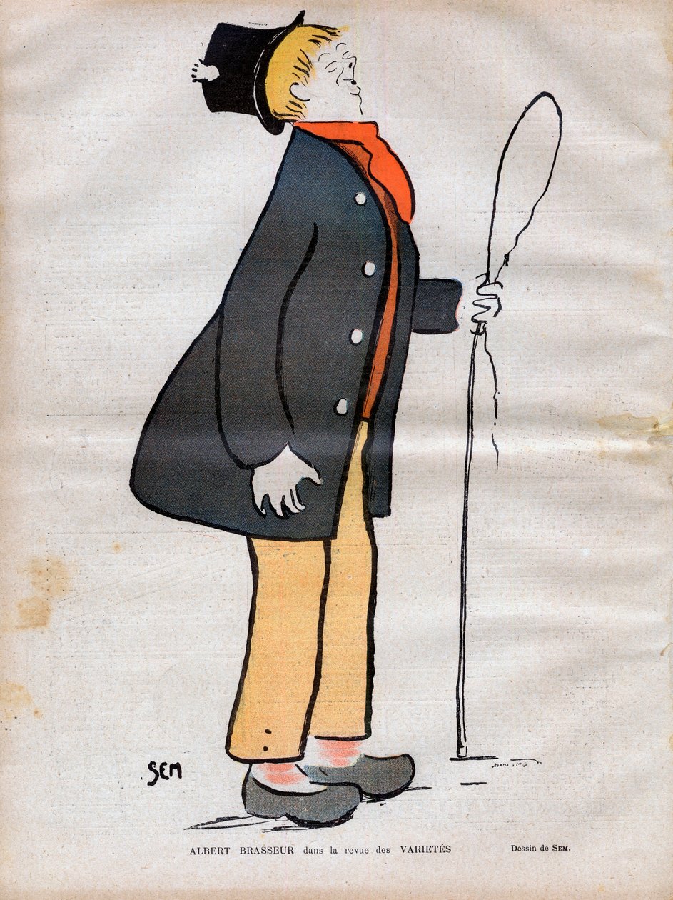 Albert Jules Dumont (1862-1932) dit Albert Brasseur, skådespelare för boulevardteater och operett i journalen Varietes - Caricature av SEM (Georges Goursat) (1863-1934) i "" Le rire de 1902 - av Sem
