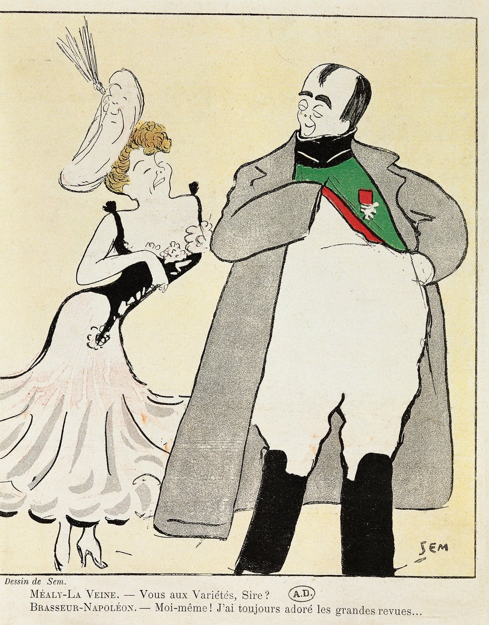 Skådespelaren Albert Bresseur 1901 (1862-1932) i rollen som Napoleon i Madame Sans-Gene, av Victorien Sardou (1831-1908), karikatyr från 1893 (illustration) av Sem