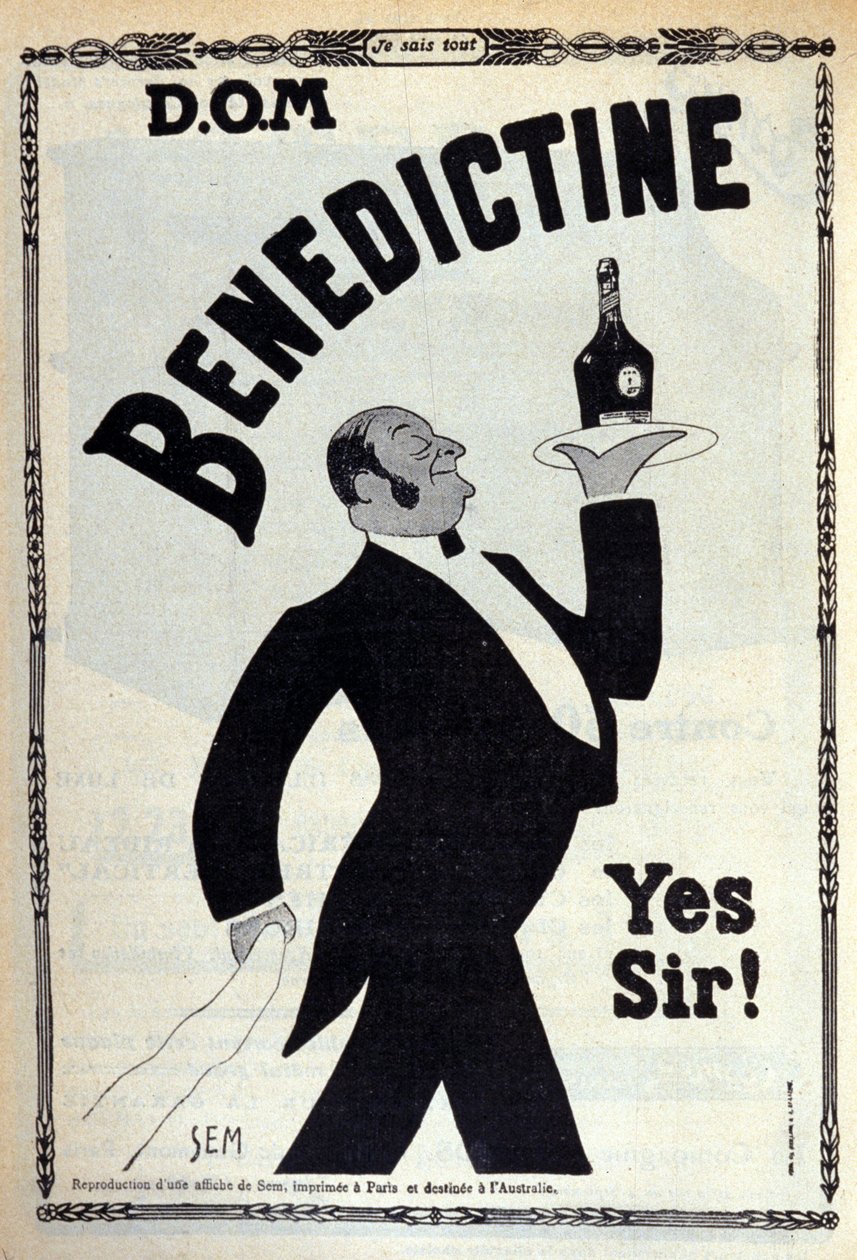 Reklam för matsmältningssystemet "" Benedictine"" En kaffepojke bär en flaska på en bricka. Teckning av Sem (1873-1932). 1910 av Sem