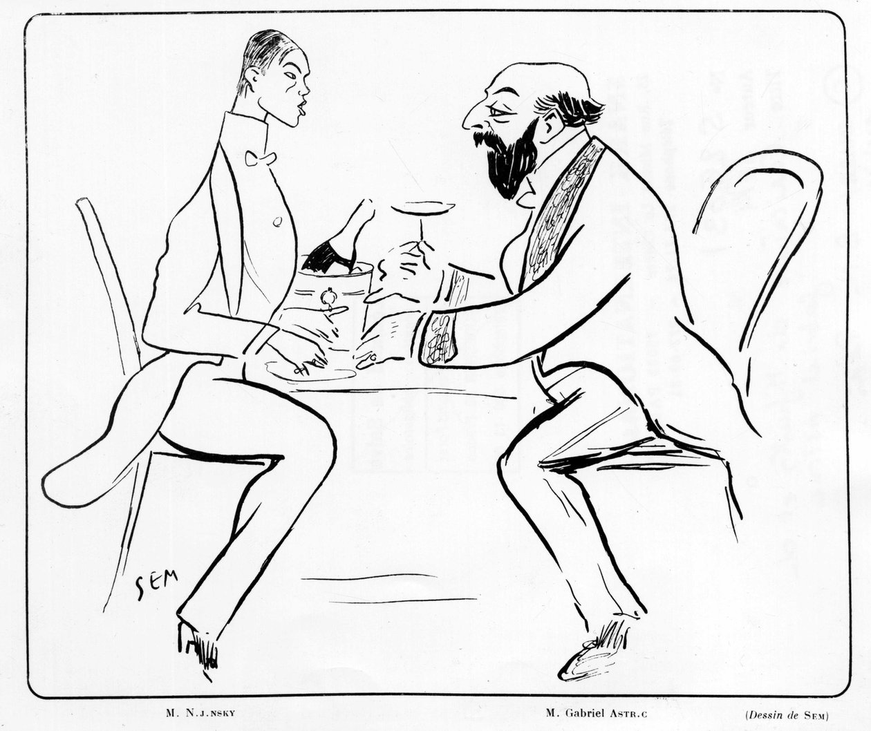 Tecknad av Nijuisky och Gabriel Astri på ett kafé, teckning av Sem (1863 - 1934). av Sem
