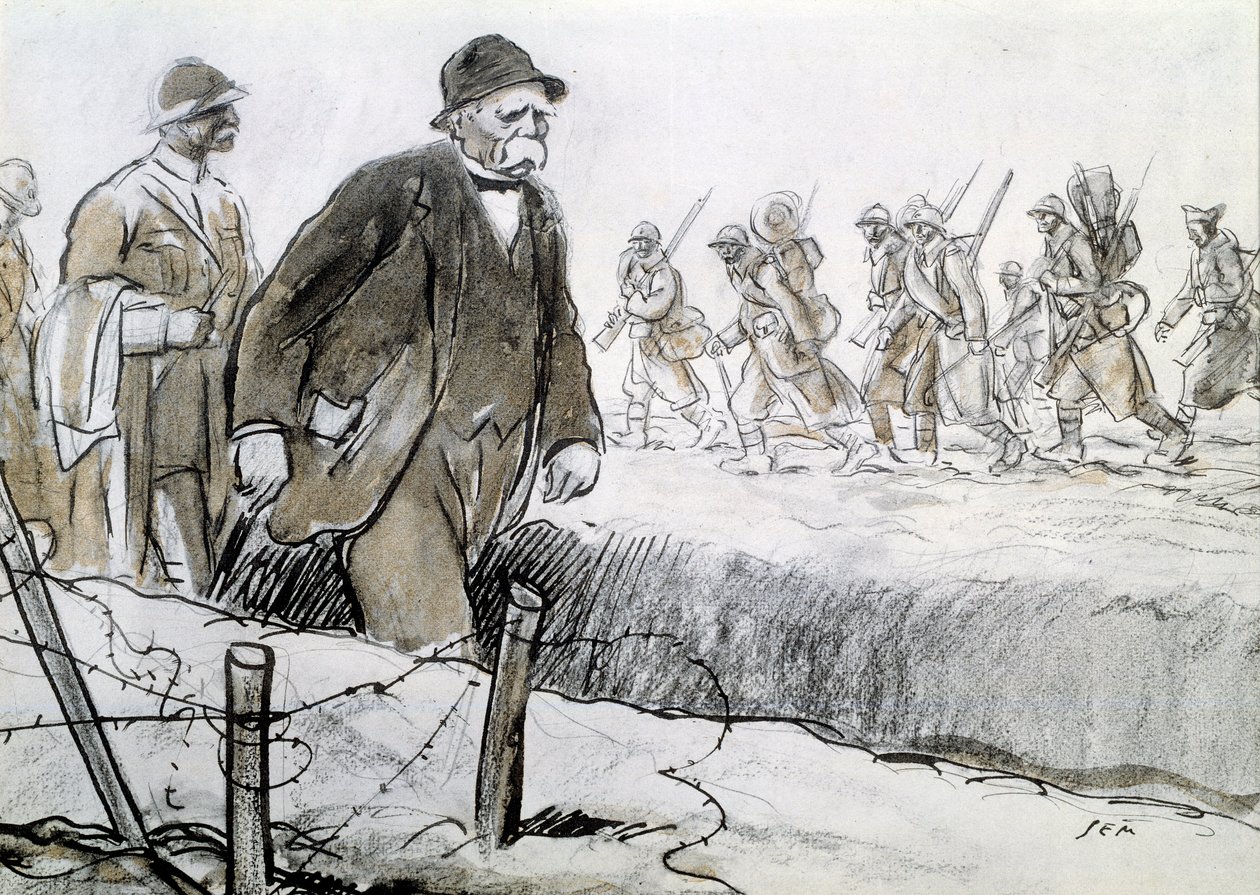 Första världskriget: Porträtt av Clemenceau (1841-1929) i ett hölje som besöker fronten. Teckning av Georges Goursat dit Sem (1863-1934) av Sem