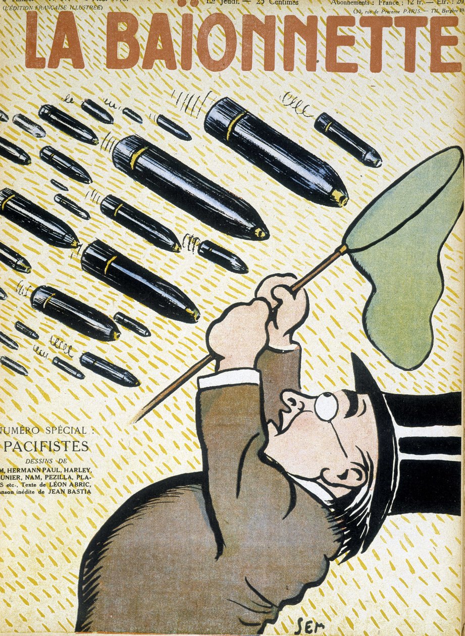 Man försöker fånga snäckor med ett fjärilsnät - av Sem (1863 - 1934), i "" La Bayonet: les pacifistes"" av 1916-08-03. av Sem