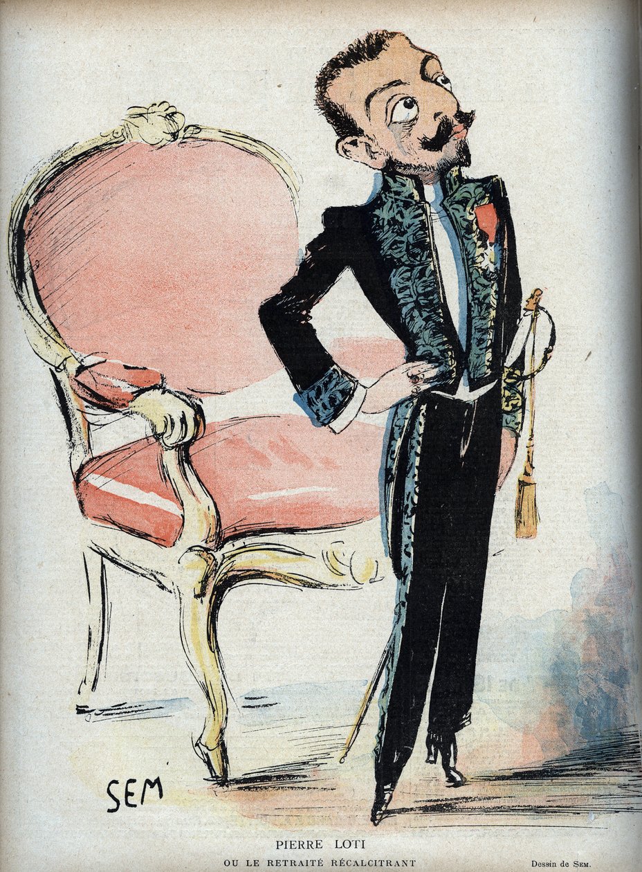 Pierre Loti (1850-1923) eller den motsträviga reträtten - (i den franska akademins gröna klänning) - Karikatyr av SEM (Georges Goursat) (1863-1934) i "" Le rire de 1898 - av Sem